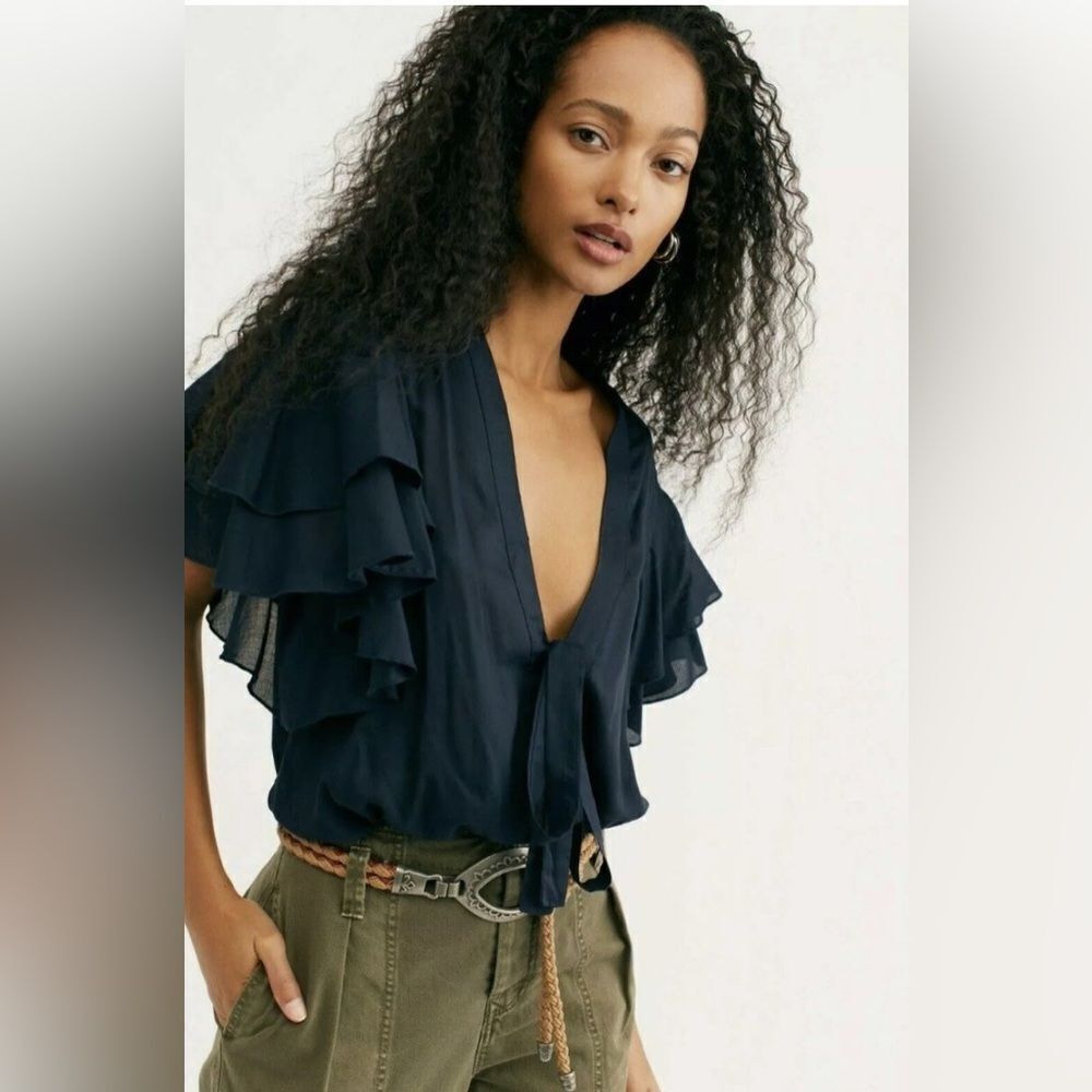Free People Call Me Later Black Ruffle thing Bodysuit. Large